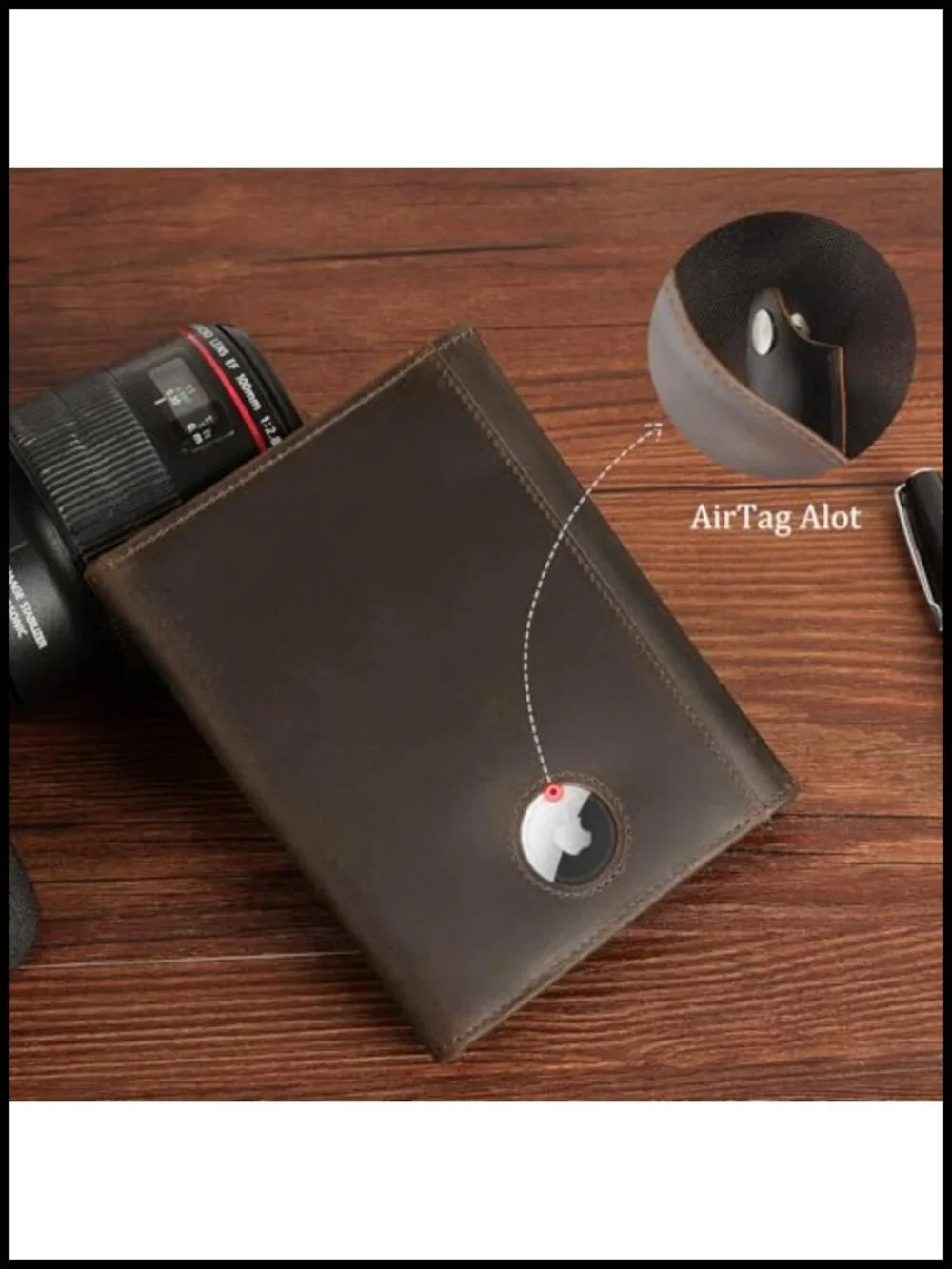 Full Grain Leather Trifold Wallet RFID Blocking Passport Holder with AirTag Slot